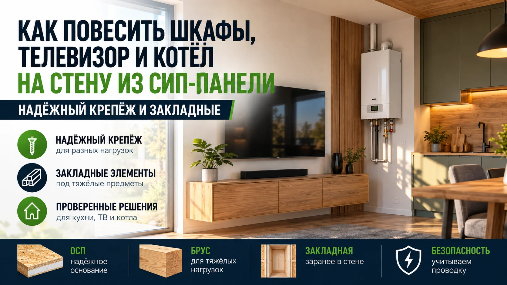  Как повесить шкафы, телевизор и котёл на стену из СИП-панели