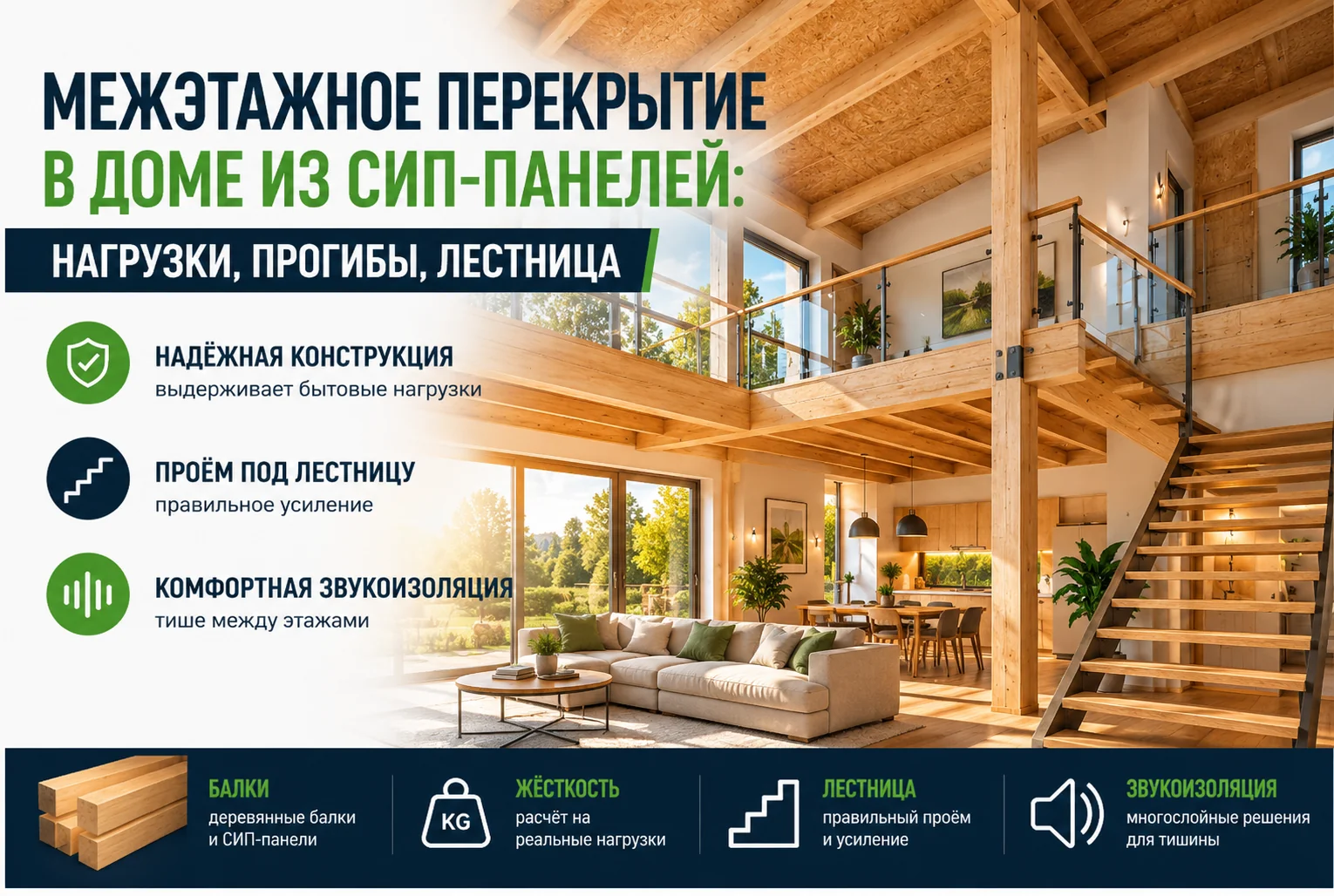 Межэтажное перекрытие в доме из СИП-панелей: нагрузки, прогибы, лестница